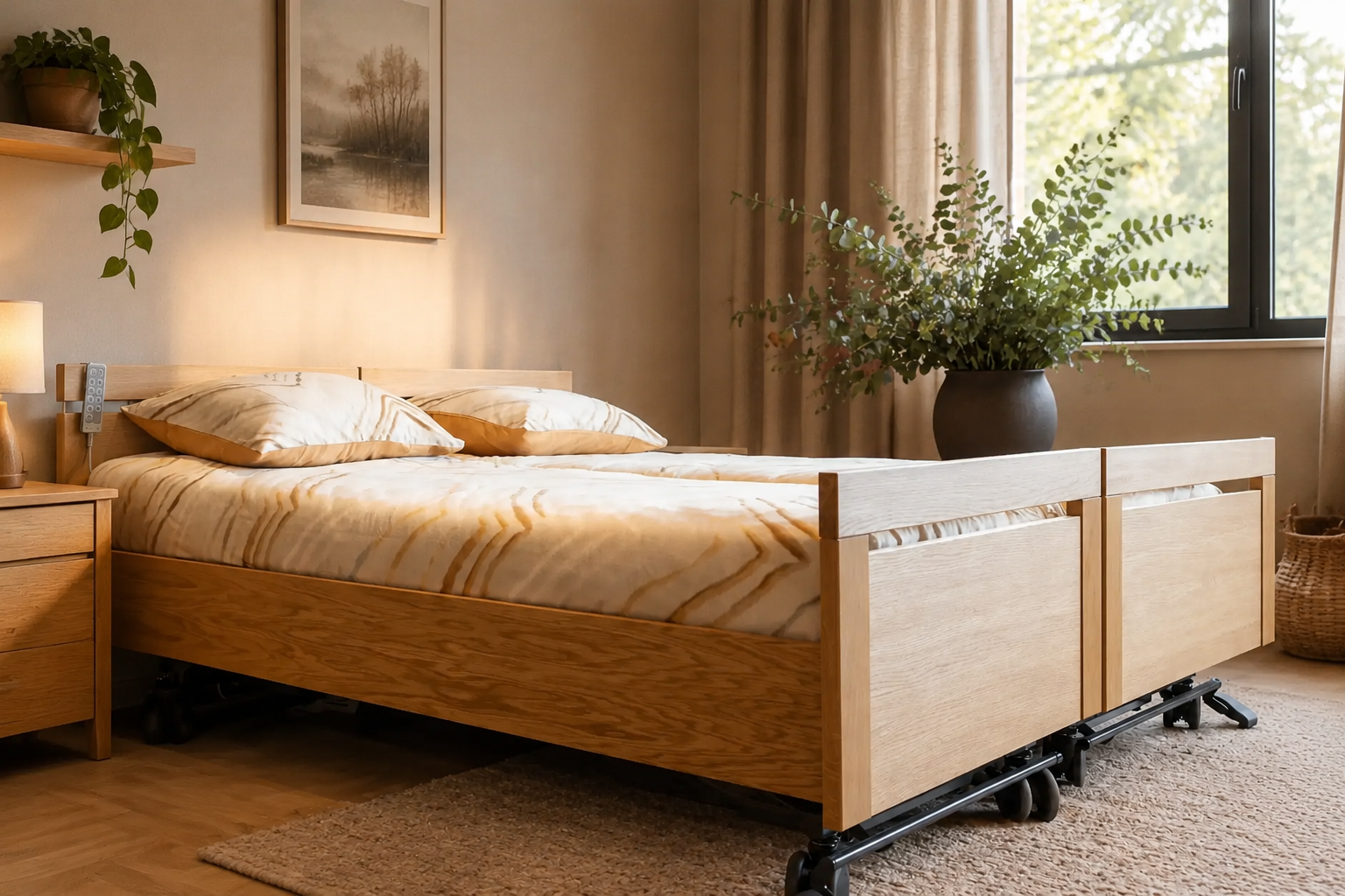 Hoog-laag bedden van hout in een warme slaapkamer